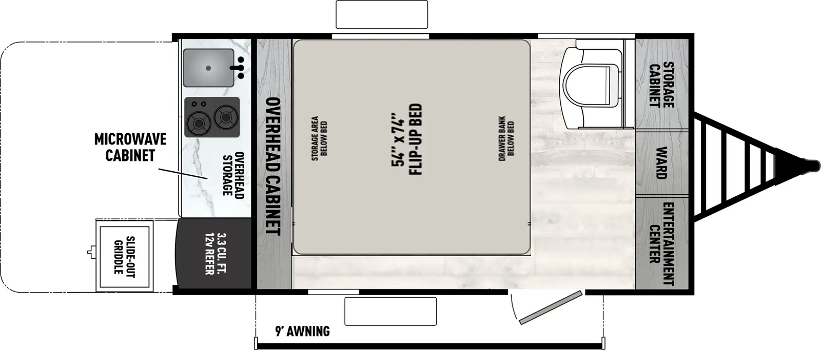 The Clipper 9000 Series & 12000 Series 13000ROK floorplan has one entry and zero slide outs. Exterior features include: metal exterior and 9' awning. Interiors features include: rear kitchen.